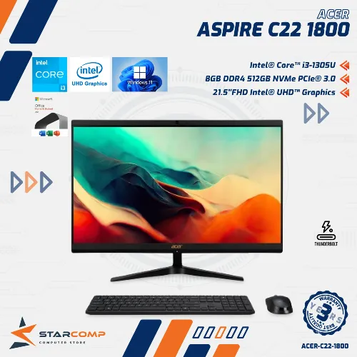 ACER AIO ASPIRE C22 1800 CORE I3 1305U 8GB 512GB SSD W11 OHS 22" FHD