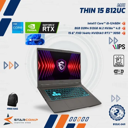 MSI THIN 15 B12UC I5-12450H 8GB SSD 512GB RTX3050 15.6" FHD W11
